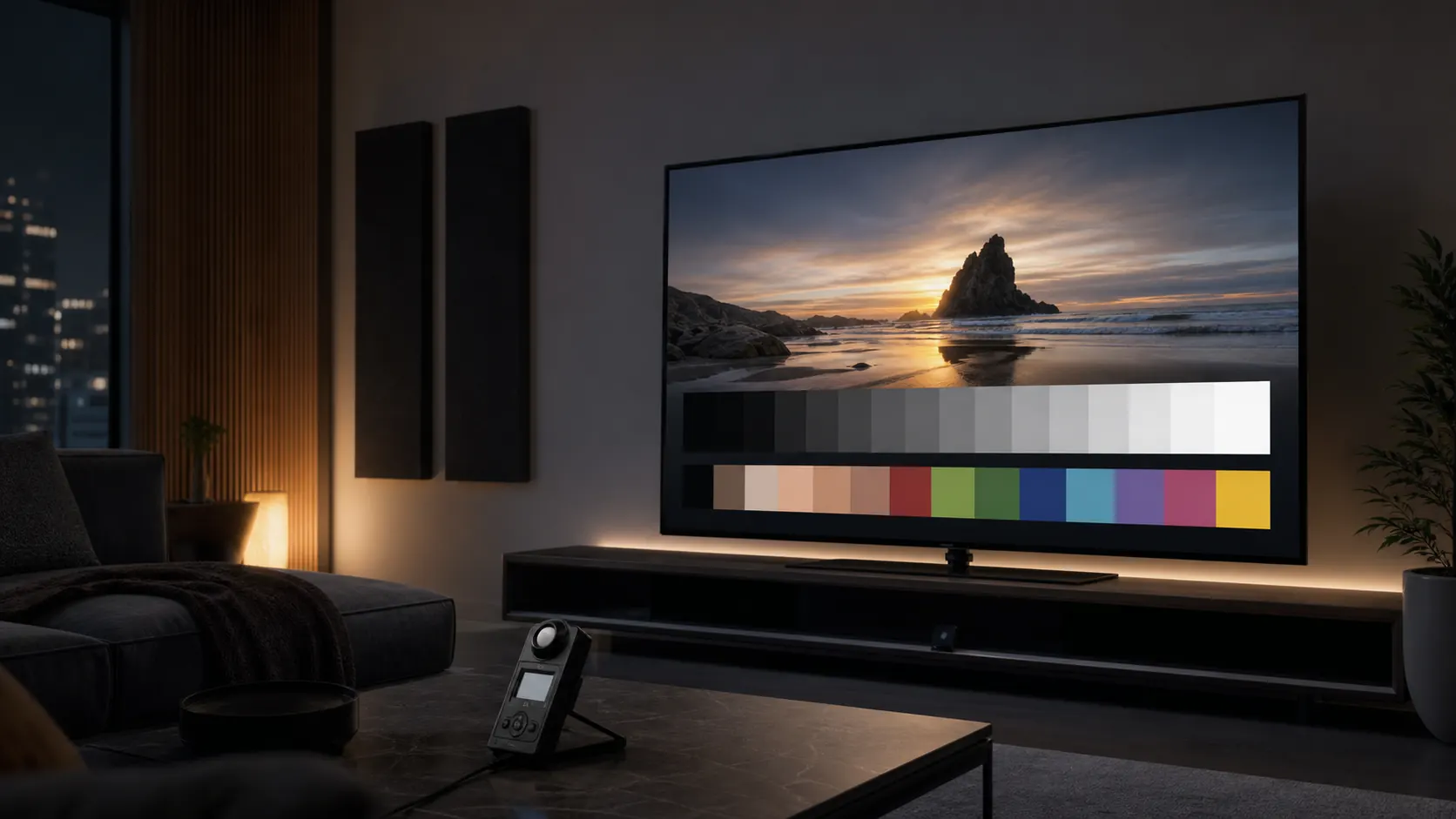 A modern OLED television displaying calibration patterns in a dim living room.